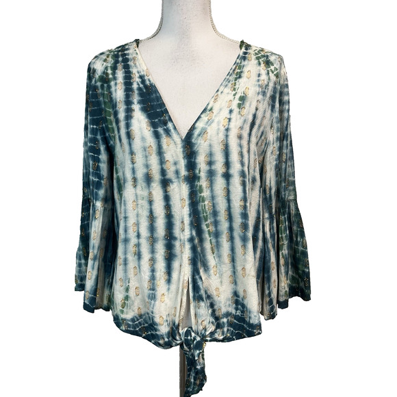 Love Stitch Blouse Top size Medium Teal Gold Sparkle Front Ties Garden Boho - Picture 1 of 9